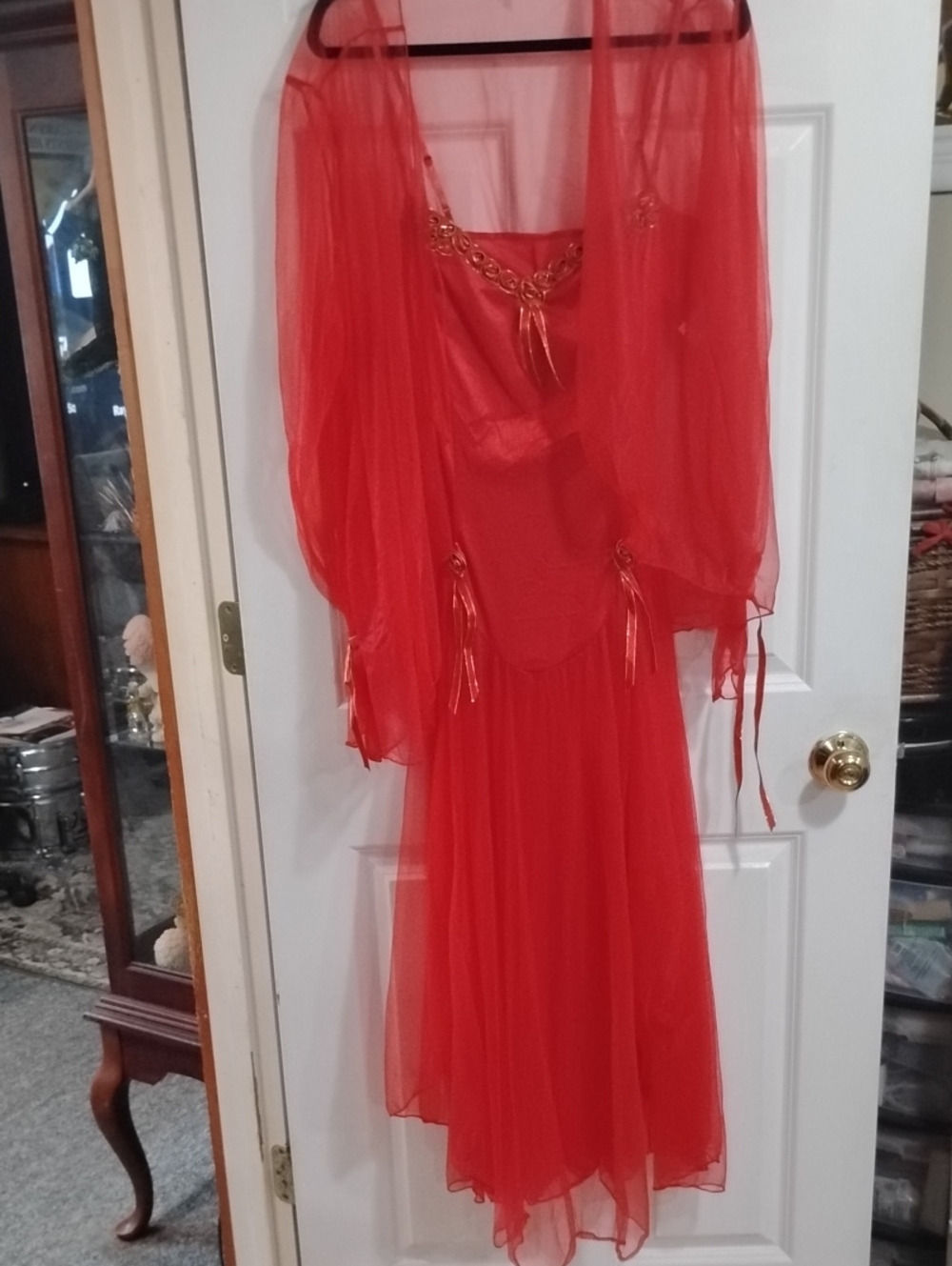 Frederick's of Hollywood Red Sheer Chiffon Chemise with Gold Accents